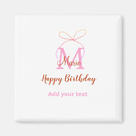 Pink glitter bow add name letter monogram birthday magnet