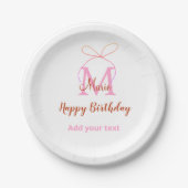 Pink glitter bow add name letter monogram birthday pappteller (Vorderseite)