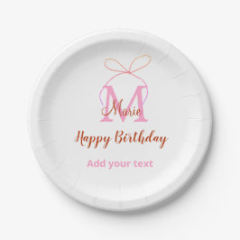 Pink glitter bow add name letter monogram birthday pappteller