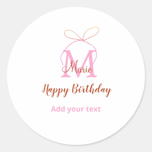 Pink glitter bow add name letter monogram birthday runder aufkleber (Vorderseite)