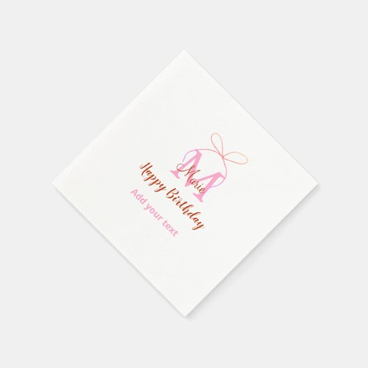 Pink glitter bow add name letter monogram birthday serviette (Ecke)