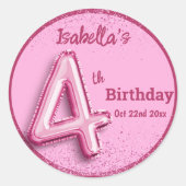 Pink glitter cute balloon no.4 girly 4th birthday runder aufkleber (Vorderseite)