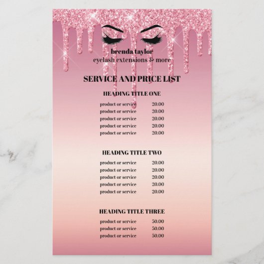 Pink Glitter Dripps EYELASH SALON SERVICE LIST Flyer (Vorne)
