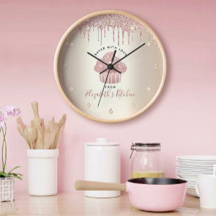 Pink Glitter Drips Cupcake Bäckerei Konditor Gold Große Wanduhr