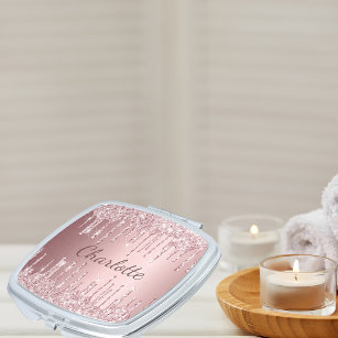 Pink glitter drips name elegant sparkle taschenspiegel