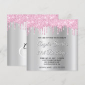 Pink Glitter Drips Silver Ombre Drop Shadow Einladung (Vorne/Hinten)