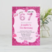 Pink Glitter Girl 7th Birthday Was 6 Now 7 Einladung (Stehend Vorderseite)