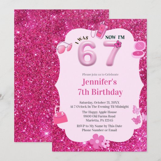 Pink Glitter Girl 7th Birthday Was 6 Now 7 Einladung (Vorne/Hinten)