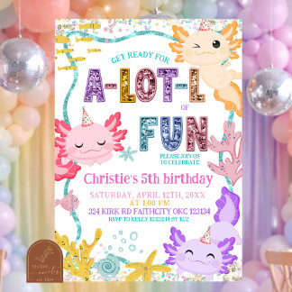 Pink Glitter girl Axolotl birthday invitation Einladung