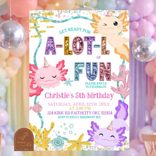Pink Glitter girl Axolotl birthday invitation Einladung