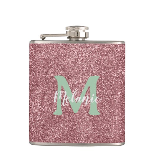 Pink Glitter Monogram Flask Chic Flachmann (Vorderseite)