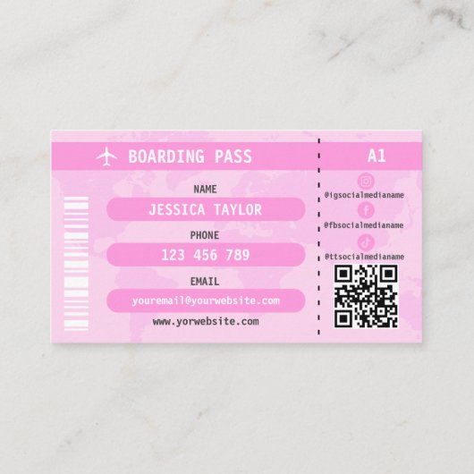 Pink Glitter Passport World Map Boarding Pass Visitenkarte (Rückseite)