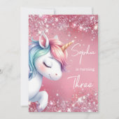 Pink Glitter Rainbow Unicorn Birthday Einladung (Vorderseite)