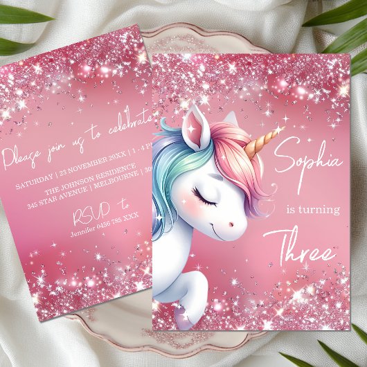 Pink Glitter Rainbow Unicorn Birthday Einladung
