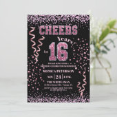 Pink Glitter Rhinestones 16th Birthday Party Einladung (Stehend Vorderseite)