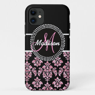 PINK GLITTER SCHWARZER DAMAST IHRE MONOGRAMM Case-Mate iPhone HÜLLE