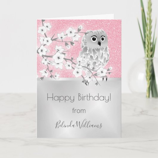 Pink Glitter Silver Owl Happy Birthday Karte (Vorderseite)