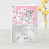 Pink Glitter Silver Owl Happy Birthday Karte (Gelbe Blume)