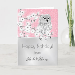 Pink Glitter Silver Owl Happy Birthday Karte