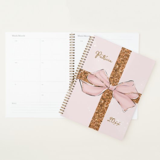 Pink Glitter Stripes & Bow Personalized Planner Planer (Anzeige)