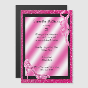 Pink Glittery Stiletto & Streamers 21. Geburtstag Magneteinladung