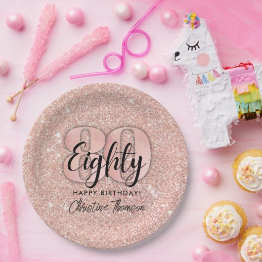 Pink Glitzer`80. Geburtstag Papier Teller (Party)