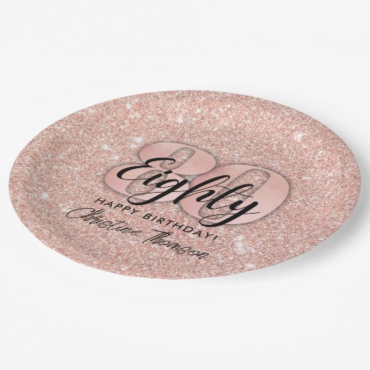 Pink Glitzer`80. Geburtstag Papier Teller (Schrägansicht)