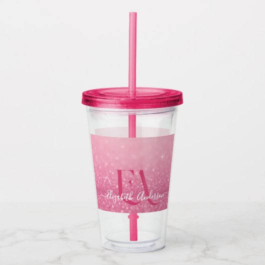 Pink Glitzer Akryltumbler mit Name und Initialen Acryltrinkbecher (Vorderseite)