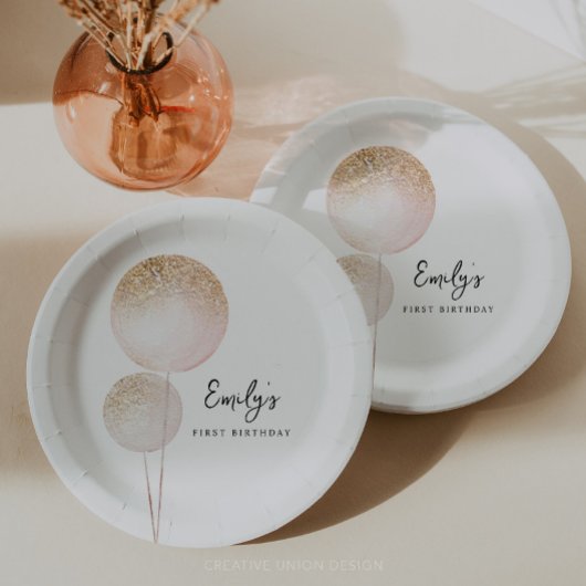 Pink Glitzer Balloons Girl First Birthday Party Pappteller