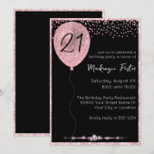 Pink Glitzer Birthday Balloon & Diamonds on Black Einladung (Vorne/Hinten)