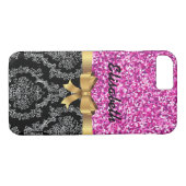PINK GLITZER BLACK DAMASK GOLDEN BOW MONOGRAMM Case-Mate iPhone HÜLLE (Rückseite (Horizontal))