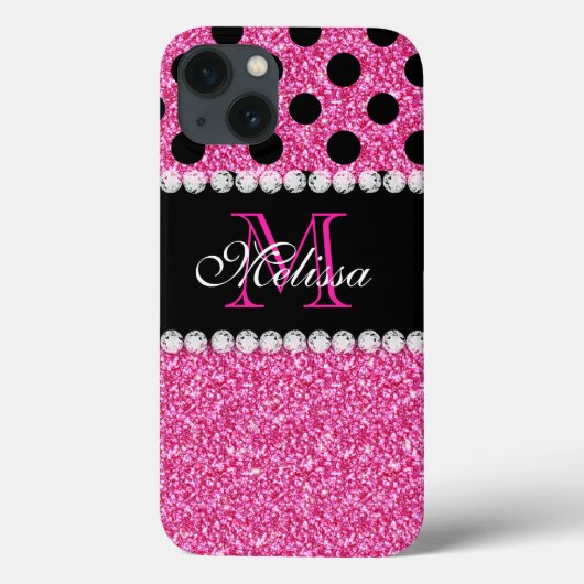 Pink Glitzer Black Polka Dots Mit Monogramm Case-Mate iPhone Hülle (Rückseite)