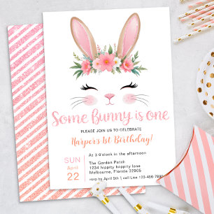 Pink Glitzer Bunny Floral Erster Geburtstag Einladung