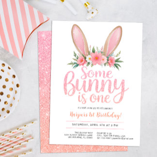 Pink Glitzer Bunny Floral Erster Geburtstag Party Einladung