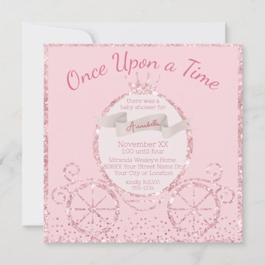 Pink Glitzer Carriage Mairy Tale Babydusche Einladung (Vorderseite)