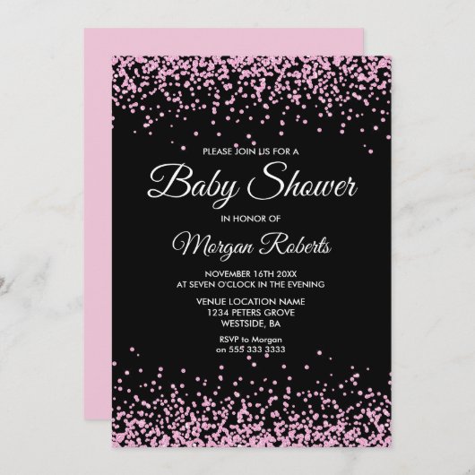 Pink Glitzer Confetti Black Baby Dusche laden ein Einladung (Vorne/Hinten)