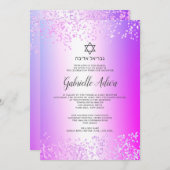 Pink Glitzer confetti hebrew Name Bat Mitzvah Einladung (Vorne/Hinten)
