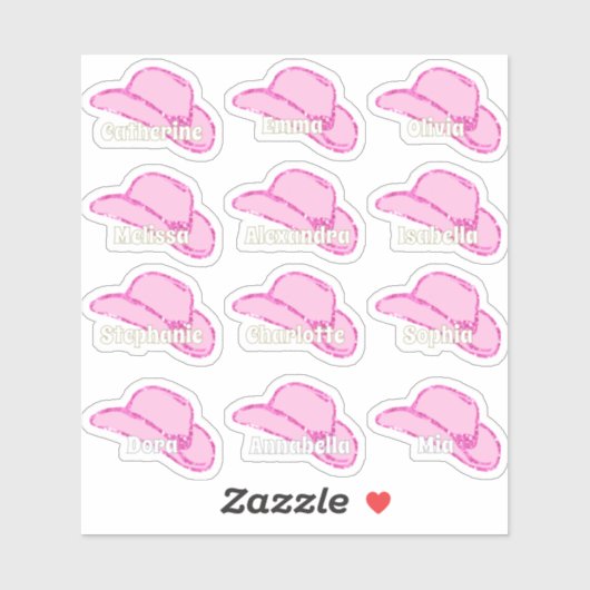 Pink Glitzer Cowgirl-Hutelhütte Namen Aufkleber (Blatt)