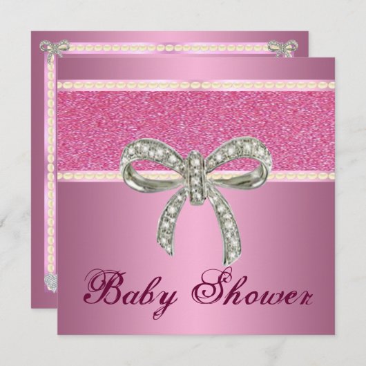 Pink Glitzer Diamond Bow Kinderdusche Einladung (Vorne/Hinten)