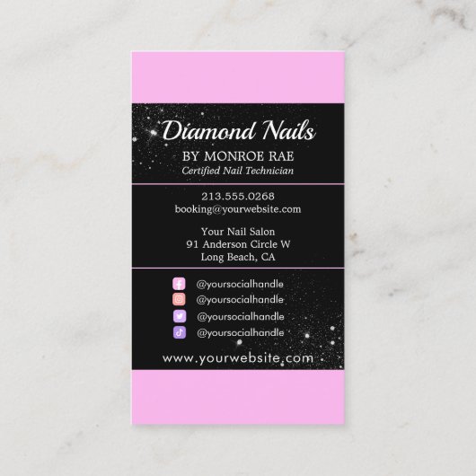 Pink Glitzer Diamond Luxury Nail Tech Salon Visitenkarte (Rückseite)