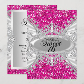 Pink Glitzer & Diamond Tiara Sweet 16 Einladung