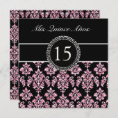 PINK GLITZER DRUCKT, SCHWARZER DAMASK QUINCEANERA EINLADUNG (Vorne/Hinten)