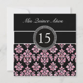 PINK GLITZER DRUCKT, SCHWARZER DAMASK QUINCEANERA EINLADUNG (Vorderseite)