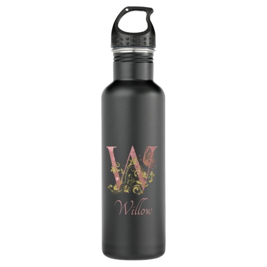 Pink Glitzer Floral Letter W Matte Black Edelstahlflasche (Vorderseite)