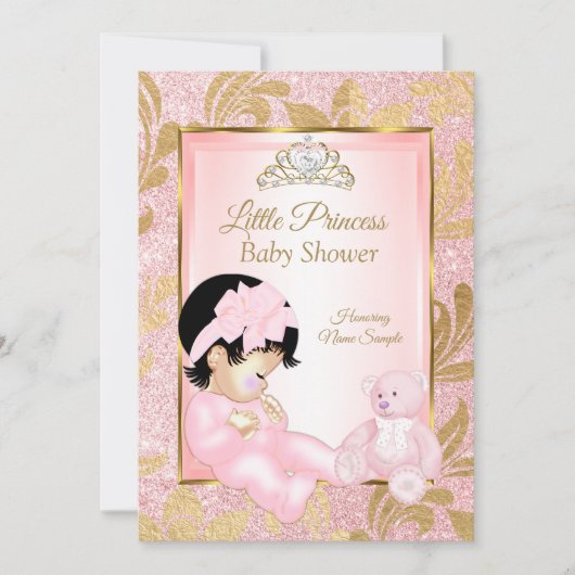 Pink Glitzer Gold Baby Duschbär Einladung (Vorderseite)