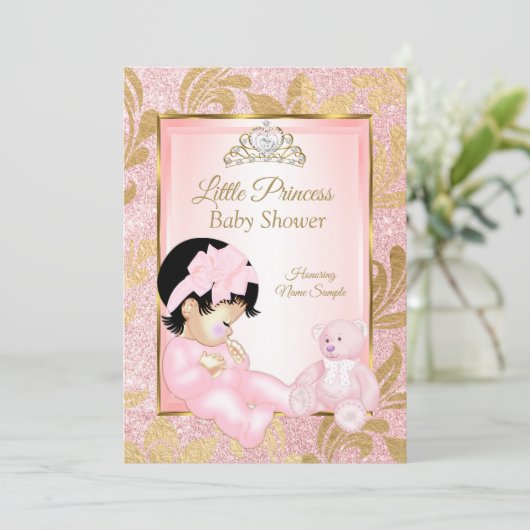 Pink Glitzer Gold Baby Duschbär Einladung (Stehend Vorderseite)