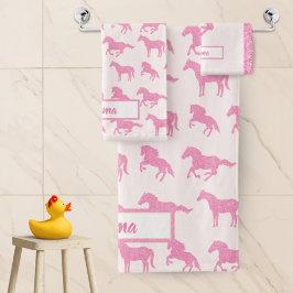 Pink Glitzer Horse Pattern Little Girl Vorname Badhandtuch Set