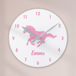 Pink Glitzer Horse Pattern Little Girl Vorname Runde Wanduhr
