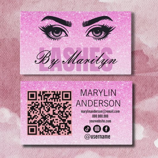 Pink Glitzer Lash Techniker mit QR-Code Visitenkarte