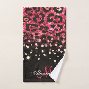 Pink Glitzer Leopard Print und Diamonds Badhandtuch Set